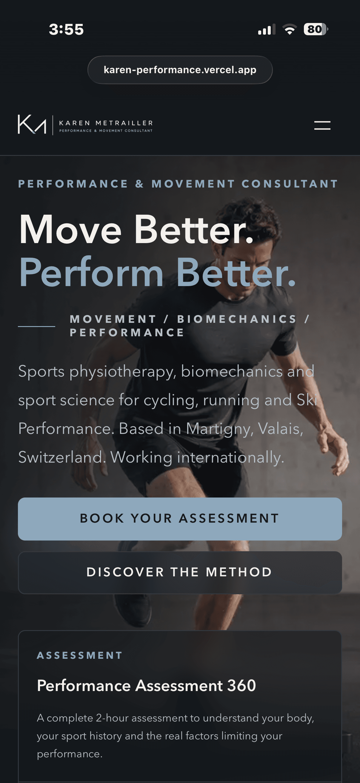 Karen Metrailler Performance website, mobile view